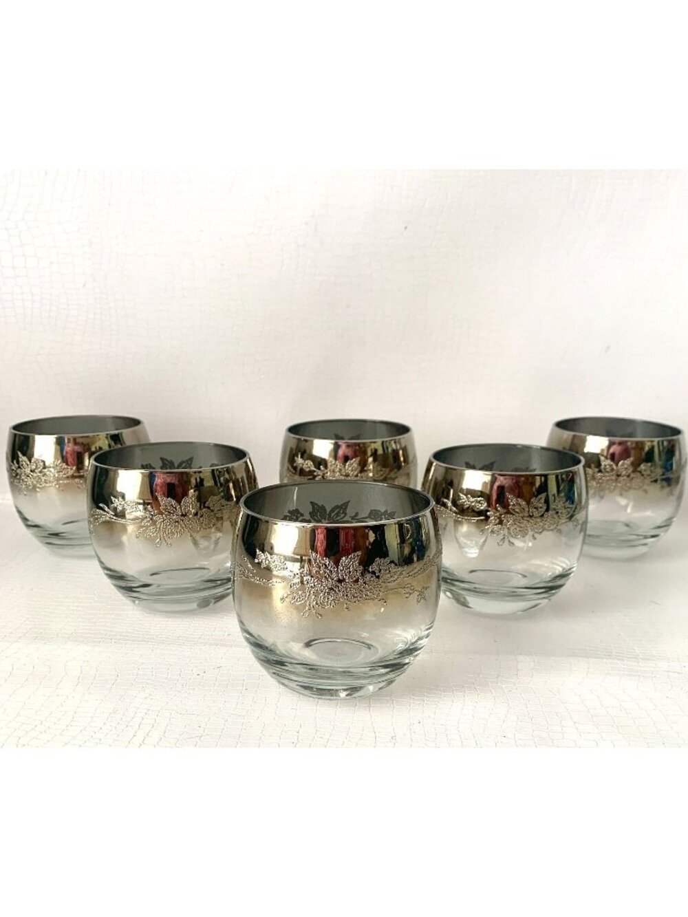 6 Mid-Century Modern Queen's Lusterware  Silver Rim Glasses Roly Poly